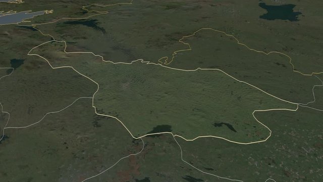 Cavan, county with its capital, zoomed and extruded on the satellite map of Ireland in the conformal Stereographic projection. Animation 3D