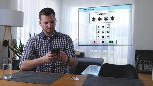 Man tries to pay online with his credit card on the smartphone and receives an error message. Transaction failed - insufficient funds. Digital generated overlay.