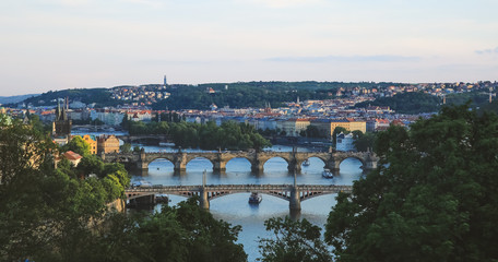 Fototapeta na wymiar Evening view of the bridge Prague in spring