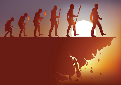 Concept de la fin du monde avec le symbole de l&rsquo;&eacute;volution de l&rsquo;homme de Darwin qui aboutit &agrave; la destruction de la plan&egrave;te et la disparition de l&rsquo;esp&egrave;ce humaine.