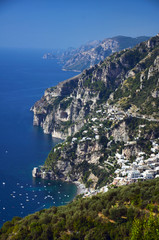 The village of Positano overlooks the sea, climbing steeply to the rocky walls of Monte Sant`Angelo a Tre Pizzi, among vegetable gardens, steps and steps. Amalfi coast, Italy
