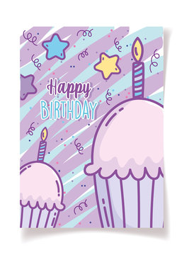 happy birthday cupcakes with candles cartoon celebration party