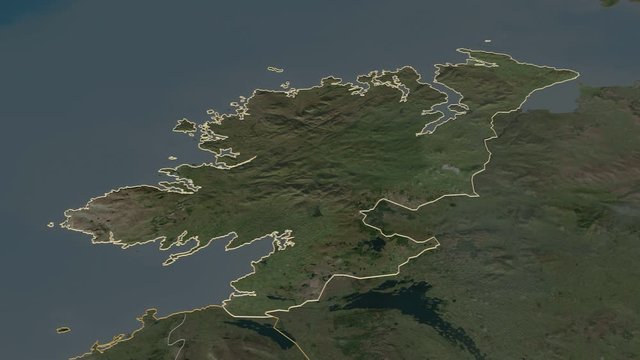 Donegal, county with its capital, zoomed and extruded on the satellite map of Ireland in the conformal Stereographic projection. Animation 3D