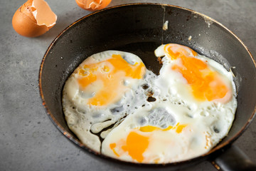 fried eggs in a frying pan on a gray background