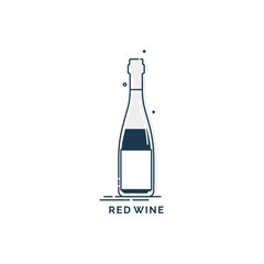 Bottle red wine line art in flat style. Restaurant alcoholic illustration for celebration design. Design contour element. Beverage outline icon. Isolated on white background in graphic style