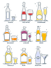 Set bottles and glasses. Alcohol drinks on white background. Alcoholic beverage. Liquid color. Isolated illustration. Vodka red wine champagne whiskey liquor beer tequila rum martini. Drink icon