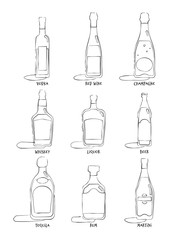Set bottles hand draw. Alcohol drinks on white background. Alcoholic beverage. Isolated illustration. Vodka red wine champagne whiskey liquor beer tequila rum martini. Drink icon