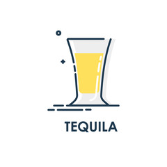 Shot tequila line art in flat style. Restaurant alcoholic illustration for celebration design. Design contour element. Beverage outline icon. Isolated on white background in graphic style