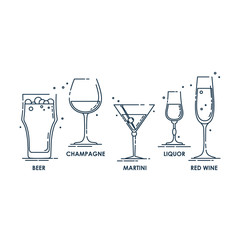 Glass beer champagne martini liquor red wine line art in flat style. Restaurant alcoholic illustration for celebration design. Design contour element. Beverage outline icon. Isolated on white backdrop