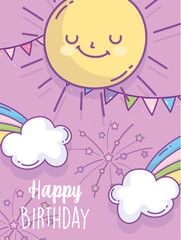 happy birthday celebration party rainbow sun clouds cartoon greeting card