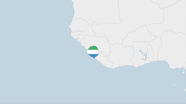 Sierra Leone map highlighted in Sierra Leone flag colors and pin of country capital Freetown.