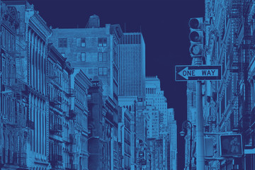 Buildings of SoHo in New York City with blue color overlay - obrazy, fototapety, plakaty