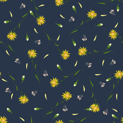 Wild meadow floral seamless pattern. Blooming botanical motifs scattered random. Colorful vector texture. Fashion, fabric, wallpaper, print. Hand drawn blossom flowers on blue background with petals