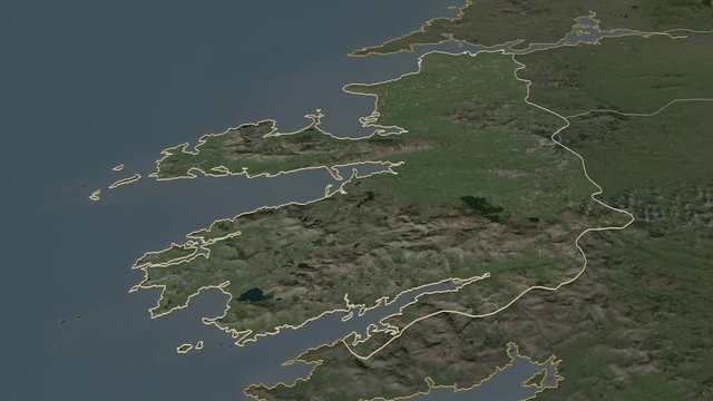 Kerry, county with its capital, zoomed and extruded on the satellite map of Ireland in the conformal Stereographic projection. Animation 3D
