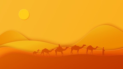 Fototapeta na wymiar Silhouette caravan desert camels in paper cut style. Nature panoramic sand landscape with arabian tradition camel ride. African adventure through the Sahara dunes. Vector card travel template.