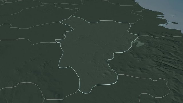 Kildare, county with its capital, zoomed and extruded on the administrative map of Ireland in the conformal Stereographic projection. Animation 3D