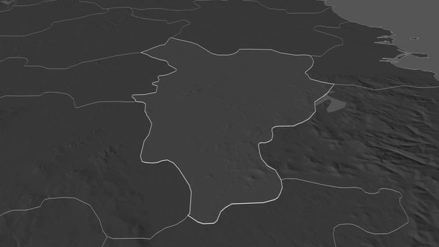 Kildare, county with its capital, zoomed and extruded on the bilevel map of Ireland in the conformal Stereographic projection. Animation 3D