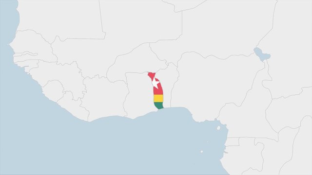 Togo map highlighted in Togo flag colors and pin of country capital Lome.