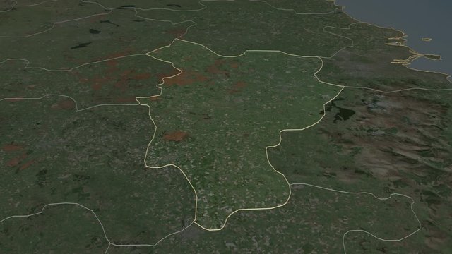 Kildare, county with its capital, zoomed and extruded on the satellite map of Ireland in the conformal Stereographic projection. Animation 3D