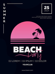 Vector illustration, banner, poster, flyer, inspired by the disco music of the 80s, 3d background, neon, summer party at sunset. Night club, music, beach, palm. EPS10