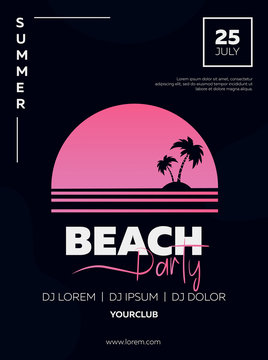 Vector illustration, banner, poster, flyer, inspired by the disco music of the 80s, 3d background, neon, summer party at sunset. Night club, music, beach, palm. EPS10
