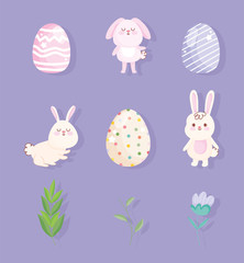 happy easter little rabbits eggs flower icons