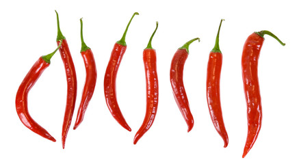 Fresh and raw red chili peppers isolated on white background