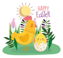 happy easter hen and chicken in eggshell grass flowers decoration