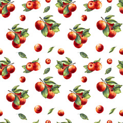 Watercolor seamless pattern with red apples, branches and leaves on white background. Hand-painted.