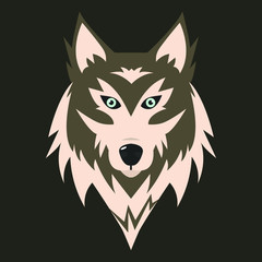 Vector illustration of wolf head on a dark background. Flat cartoon style.