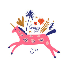 Boho unicorn spring concept. Folk art horse slovak ornament, swedish style drawing, pastel coloured nordic floral composition, scandinavian flower. Vector EPS clip art