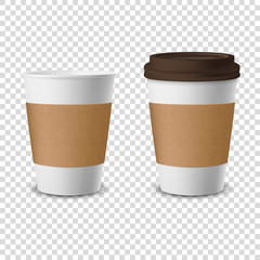 Vector 3d Realistic Disposable Opened and Closed with Lid Paper, Plastic Coffee Cup for Drinks Icon Set Closeup Isolated on Transparent Background. Design Template, Mockup. Front View