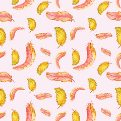 Seamless watercolor pattern with yellow and pink feathers of bird on light pink background. Vintage style. Great nature pattern for wrapping paper, fabrics, invitations.