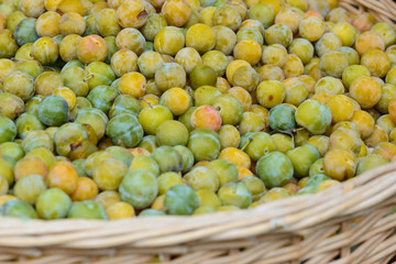 A basket full of mirabelle plums on a market stall in Saint-Palais-sur-Mer, Charente-Maritime on the southwestern coast of France in August