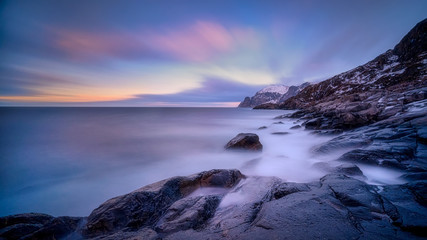 Gulf, bay with a huge surf in Mefjord in color sunset