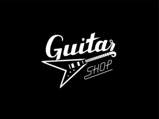 Guitar Shop lettering with electric guitar. Vector logo design for instrument shop.