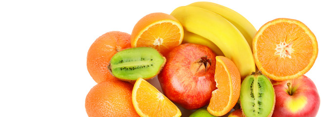 Fruits isolated on a white background. A wholesome dessert. Free space for text. Wide photo.