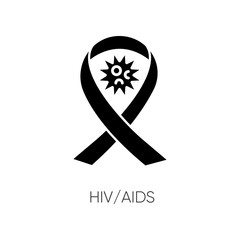 HIV, AIDS black glyph icon. Human immunodeficiency virus, acquired immune deficiency syndrome silhouette symbol on white space. Awareness ribbon and viral cell Vector isolated illustration