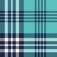 Plaid pattern seamless vector texture. Striped tartan check plaid background in dark blue, turquoise, and white for flannel shirt, blanket, throw, duvet cover, or other modern textile design.