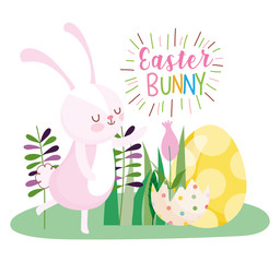 happy easter rabbit eggshell yellow egg flowers leaves celebration