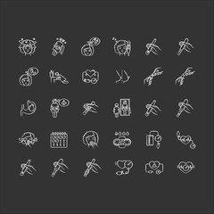 Fototapeta premium Early pregnancy symptom chalk white icons set on black background. Pregnant woman. Positive test. Nausea from morning sickness. Drowsiness from fatigue. Isolated vector chalkboard illustrations