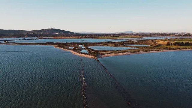 Aerial images of the Vic pond at sunset, Vic la Gardiole, Languedoc-Roussillon, France, Europe.