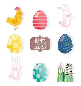 happy easter cute rabbits hen eggs flower leaves icons