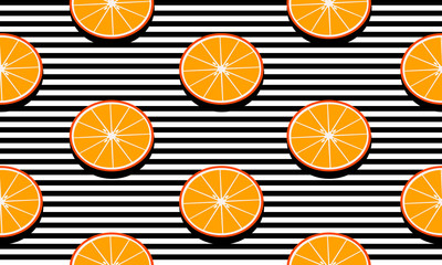 Seamless background with black stripes and slices mandarins with dark shadow. Vector fruit design for pattern or template.