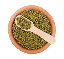 Organic raw green beans mungo in clay pot and wooden spoon (Vigna radiata) isolated on white background, top view