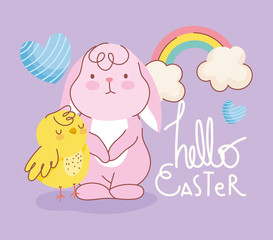 happy easter rabbit chicken rainbow hearts celebration card
