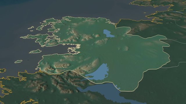 Mayo, county with its capital, zoomed and extruded on the relief map of Ireland in the conformal Stereographic projection. Animation 3D