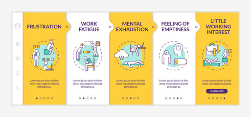 Burnout onboarding vector template. Lazy employee. Mental exhaustion. Feeling of emptiness. Work fatigue. Responsive mobile website with icons. Webpage walkthrough step screens. RGB color concept