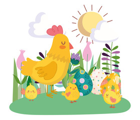 happy easter cute hen and chickens with eggs flowers floral sun day