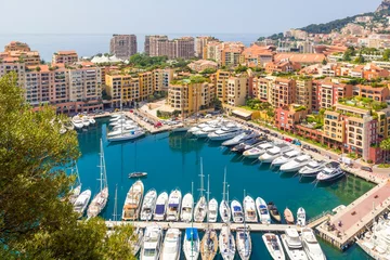 Fotobehang Formule 1 Panoramic view of Fontvieille and harbor with boats, luxury yachts in principality of Monaco, southern France  © lara-sh